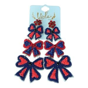 Patriotic Beaded Bow Earrings 4th of July America Dangle Drop Red White Blue New